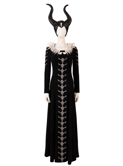 Maleficent Skeleton Embroidered Black Long Dress Halloween Cosplay Costume Set