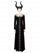 Maleficent Skeleton Embroidered Black Long Dress Halloween Cosplay Costume Set