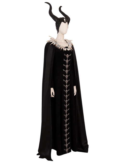 Maleficent Skeleton Embroidered Black Long Dress Halloween Cosplay Costume Set