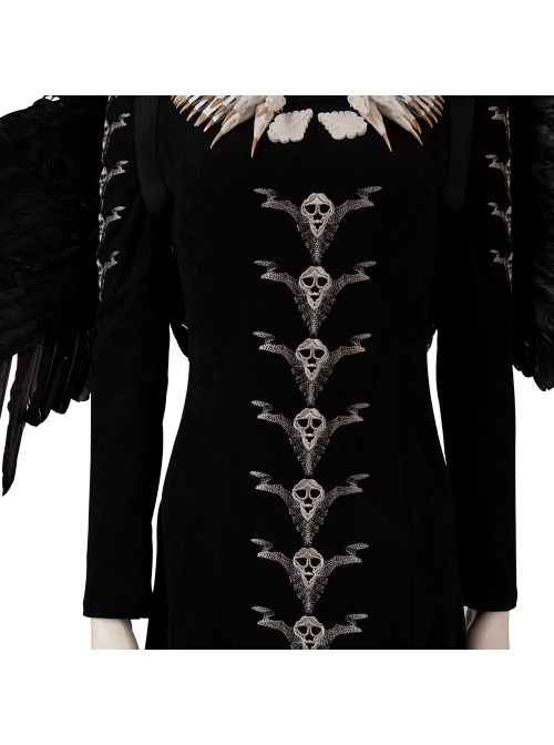 Maleficent Skeleton Embroidered Black Long Dress Halloween Cosplay Costume Set