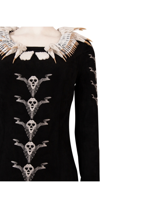 Maleficent Skeleton Embroidered Black Long Dress Halloween Cosplay Costume Set