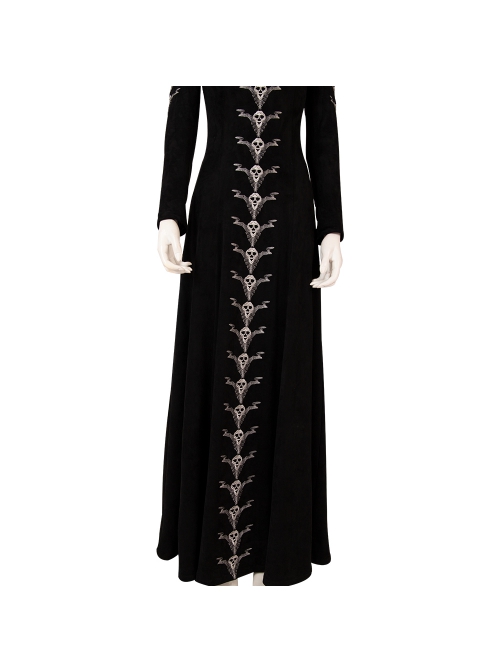 Maleficent Skeleton Embroidered Black Long Dress Halloween Cosplay Costume Set