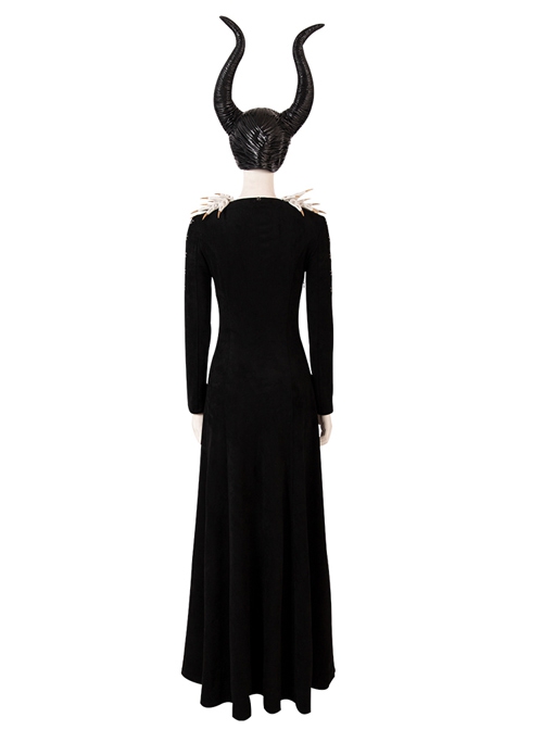 Maleficent Skeleton Embroidered Black Long Dress Halloween Cosplay Costume Set