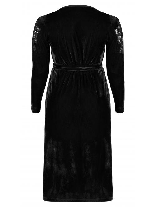 Gothic Velvet Sexy V-Neck Hollow Out Exquisite Applique Hem Slit Design Corded Long Dress