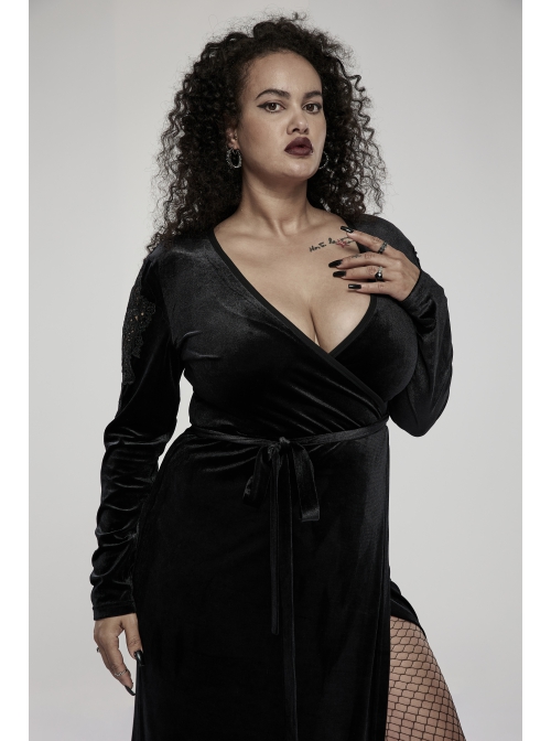 Gothic Velvet Sexy V-Neck Hollow Out Exquisite Applique Hem Slit Design Corded Long Dress