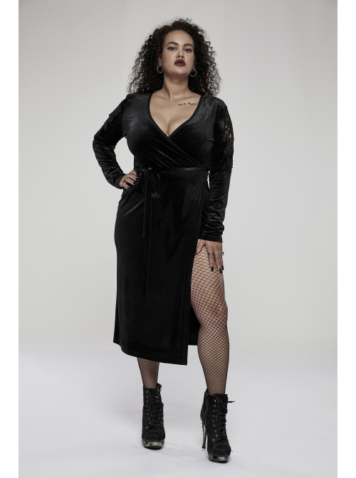 Gothic Velvet Sexy V-Neck Hollow Out Exquisite Applique Hem Slit Design Corded Long Dress