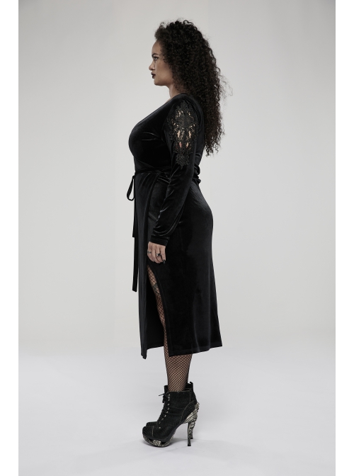 Gothic Velvet Sexy V-Neck Hollow Out Exquisite Applique Hem Slit Design Corded Long Dress