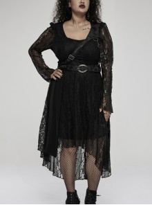 Black Gothic Elasticity Modal Cotton Fabric Patchwork Lace Metal Buckle Belt Long Hem Long Sleeve Dress