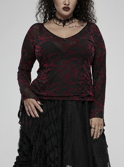 Daily Sexy V Neck Stretch Mesh Fabric Red Abstract Pattern Design Flared Cuffs Gothic Female T-Shirt