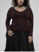 Daily Sexy V Neck Stretch Mesh Fabric Red Abstract Pattern Design Flared Cuffs Gothic Female T-Shirt