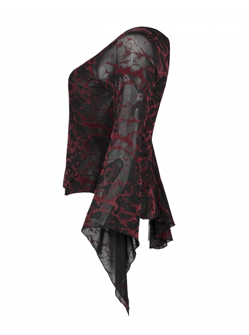 Daily Sexy V Neck Stretch Mesh Fabric Red Abstract Pattern Design Flared Cuffs Gothic Female T-Shirt