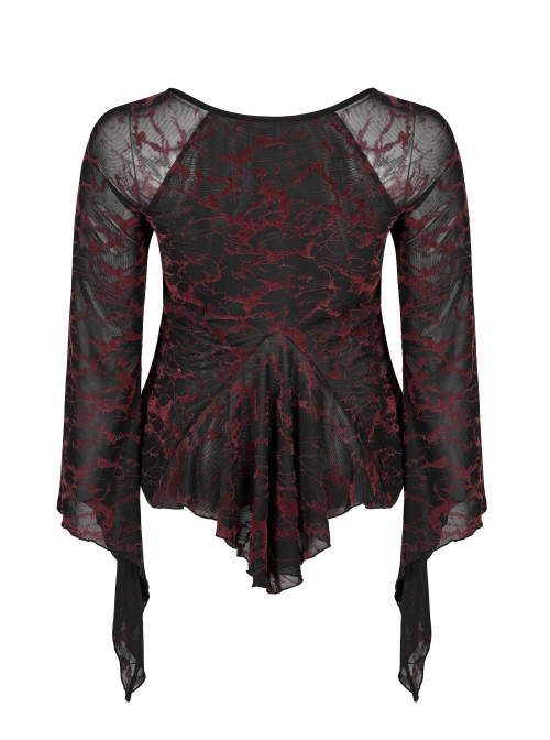 Daily Sexy V Neck Stretch Mesh Fabric Red Abstract Pattern Design Flared Cuffs Gothic Female T-Shirt
