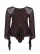 Daily Sexy V Neck Stretch Mesh Fabric Red Abstract Pattern Design Flared Cuffs Gothic Female T-Shirt