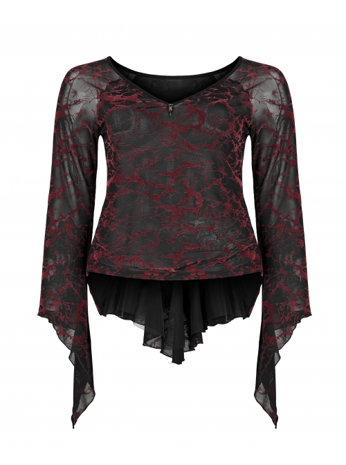Daily Sexy V Neck Stretch Mesh Fabric Red Abstract Pattern Design Flared Cuffs Gothic Female T-Shirt