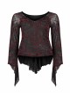 Daily Sexy V Neck Stretch Mesh Fabric Red Abstract Pattern Design Flared Cuffs Gothic Female T-Shirt