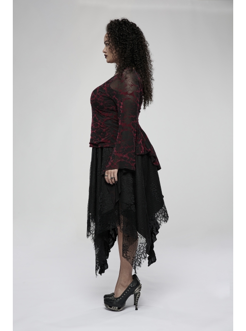 Daily Sexy V Neck Stretch Mesh Fabric Red Abstract Pattern Design Flared Cuffs Gothic Female T-Shirt