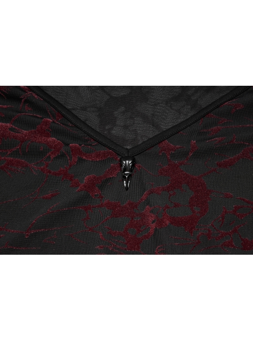 Daily Sexy V Neck Stretch Mesh Fabric Red Abstract Pattern Design Flared Cuffs Gothic Female T-Shirt