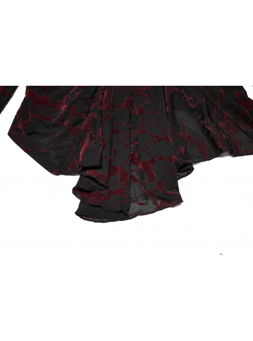 Daily Sexy V Neck Stretch Mesh Fabric Red Abstract Pattern Design Flared Cuffs Gothic Female T-Shirt