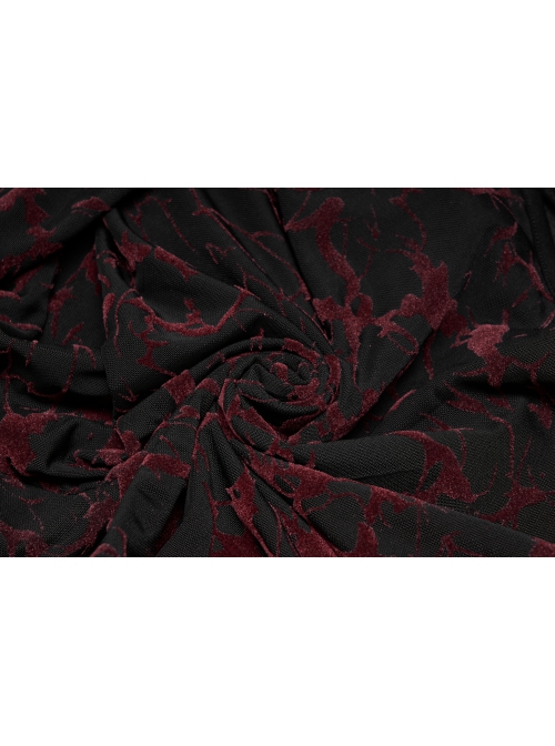 Daily Sexy V Neck Stretch Mesh Fabric Red Abstract Pattern Design Flared Cuffs Gothic Female T-Shirt