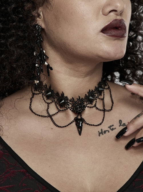 Delicate Pleated Lace Metal Chain Decoration Bird Bone Shape Black Gothic Choker