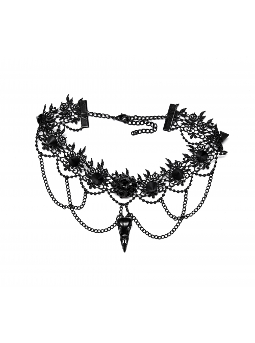 Delicate Pleated Lace Metal Chain Decoration Bird Bone Shape Black Gothic Choker