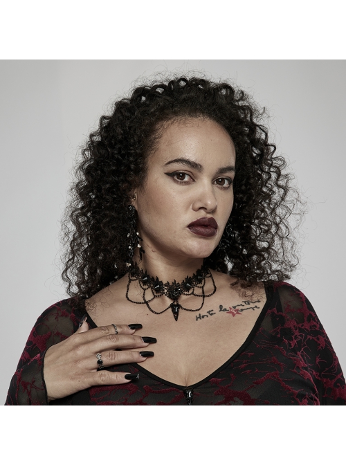 Delicate Pleated Lace Metal Chain Decoration Bird Bone Shape Black Gothic Choker