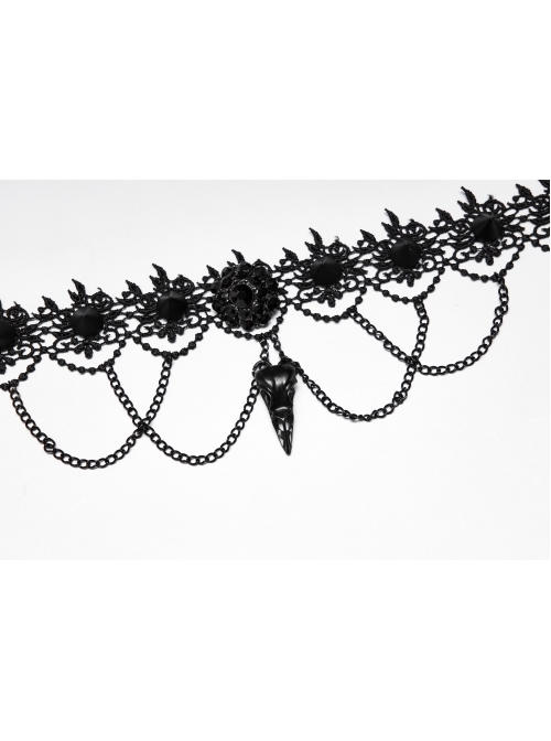 Delicate Pleated Lace Metal Chain Decoration Bird Bone Shape Black Gothic Choker