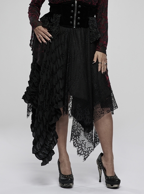 Gothic Loose Plus Size Pleated Patchwork Lace Asymmetric Hem Short Skirt