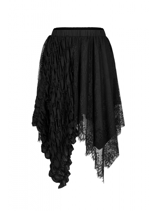 Gothic Loose Plus Size Pleated Patchwork Lace Asymmetric Hem Short Skirt