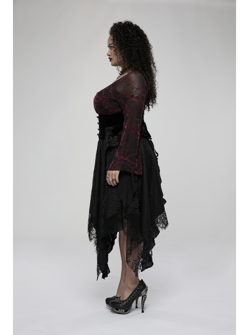 Gothic Loose Plus Size Pleated Patchwork Lace Asymmetric Hem Short Skirt