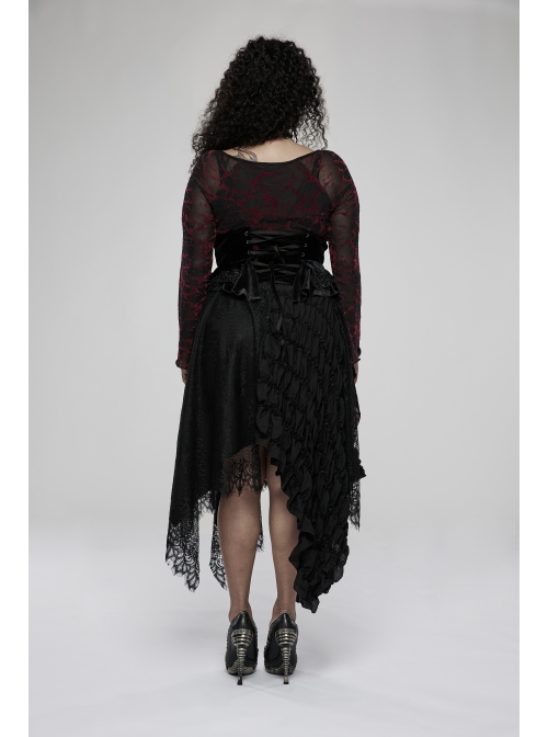 Gothic Loose Plus Size Pleated Patchwork Lace Asymmetric Hem Short Skirt