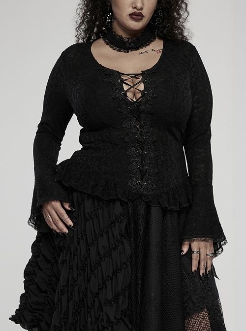 Gothic Elasticity Lace Fabric Sexy Perspective Embroidery Decoration Cross Rope Trumpet Sleeve T-Shirt