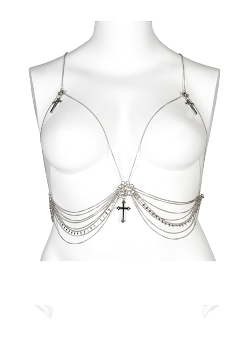 Gothic Featured Personality Metal Skull Cross Pendant Sexy Chain Female Chest Chain