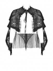 Black Openwork Lace Embroidery Pattern Decoration Hem Fringed Design Elasticated Neckline Gothic Female Shawl