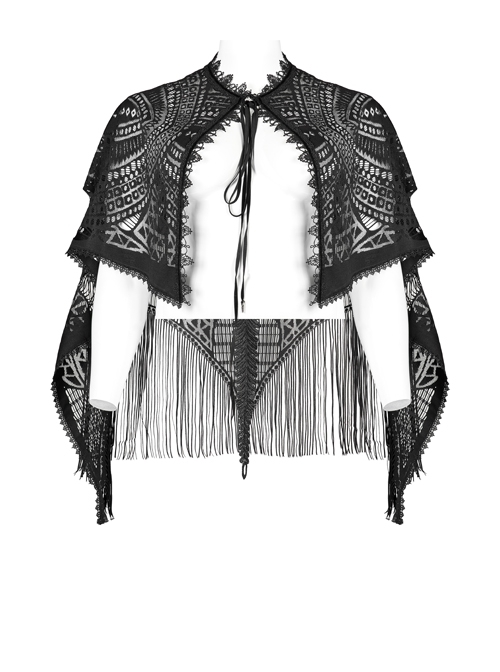 Black Openwork Lace Embroidery Pattern Decoration Hem Fringed Design Elasticated Neckline Gothic Female Shawl