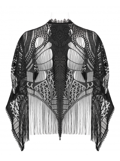 Black Openwork Lace Embroidery Pattern Decoration Hem Fringed Design Elasticated Neckline Gothic Female Shawl