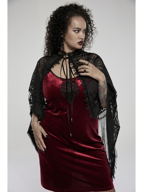 Black Openwork Lace Embroidery Pattern Decoration Hem Fringed Design Elasticated Neckline Gothic Female Shawl