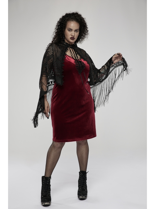 Black Openwork Lace Embroidery Pattern Decoration Hem Fringed Design Elasticated Neckline Gothic Female Shawl