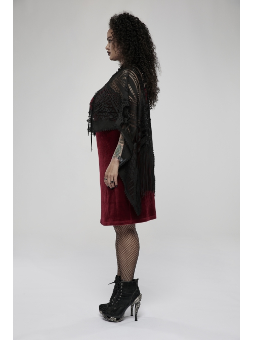 Black Openwork Lace Embroidery Pattern Decoration Hem Fringed Design Elasticated Neckline Gothic Female Shawl