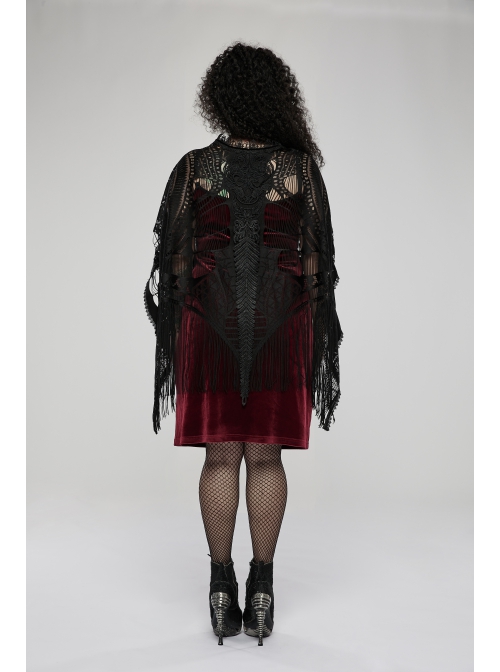 Black Openwork Lace Embroidery Pattern Decoration Hem Fringed Design Elasticated Neckline Gothic Female Shawl