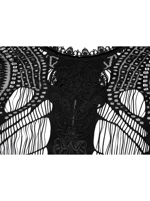 Black Openwork Lace Embroidery Pattern Decoration Hem Fringed Design Elasticated Neckline Gothic Female Shawl