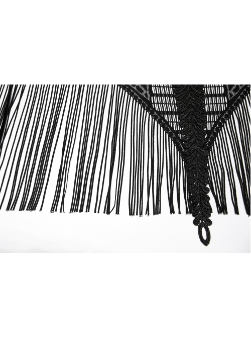 Black Openwork Lace Embroidery Pattern Decoration Hem Fringed Design Elasticated Neckline Gothic Female Shawl