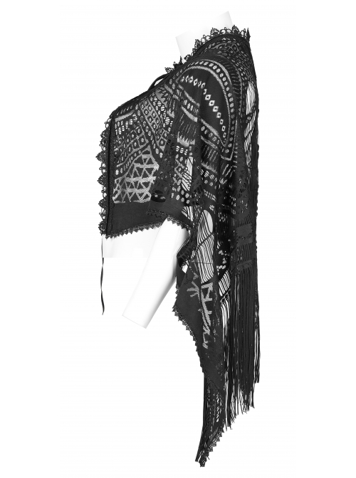 Black Openwork Lace Embroidery Pattern Decoration Hem Fringed Design Elasticated Neckline Gothic Female Shawl
