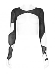 Black Irregular Cut Elasticity Net Concealed Buckle Decoration Fitted Gothic Female Waistcoat