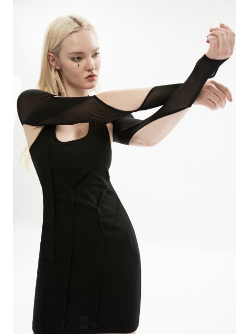 Black Irregular Cut Elasticity Net Concealed Buckle Decoration Fitted Gothic Female Waistcoat