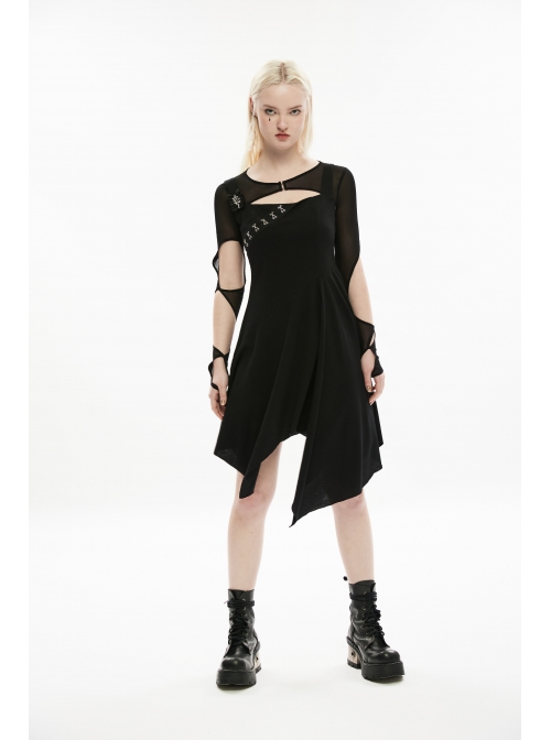 Black Irregular Cut Elasticity Net Concealed Buckle Decoration Fitted Gothic Female Waistcoat