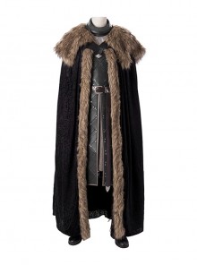Game Of Thrones Season 8 Jon Snow Brown Fur Collar Black Cloak Suit Halloween Cosplay Costume Set