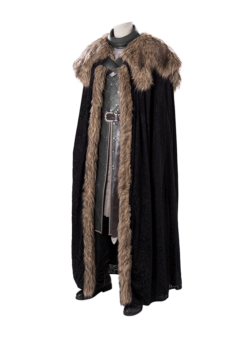Game Of Thrones Season 8 Jon Snow Brown Fur Collar Black Cloak Suit Halloween Cosplay Costume Set