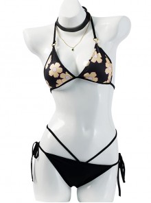 My Dress-up Darling Kitagawa Marin Black Printing Bikini Halloween Cosplay Costume Swimsuit Full Set