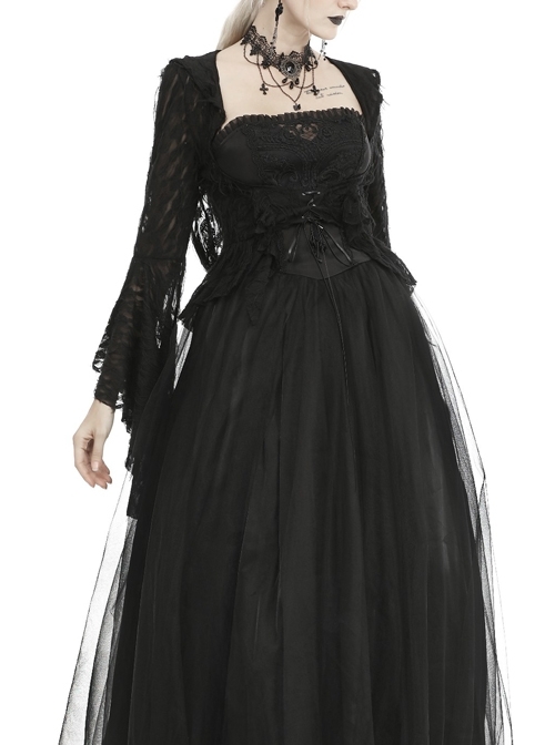 Gothic Black Ripped Lace Hooded Bell Sleeve Thin Tailcoat